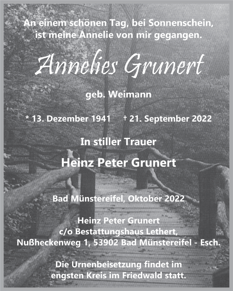  Traueranzeige für Annelies Grunert vom 01.10.2022 aus  Blickpunkt Euskirchen 