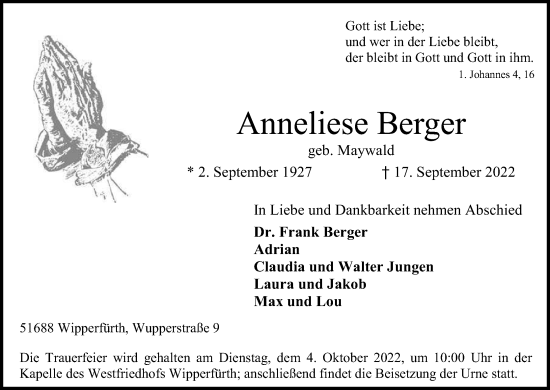 Anzeige von Anneliese Berger von Kölner Stadt-Anzeiger / Kölnische Rundschau / Express