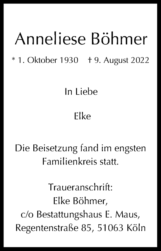 Anzeige von Anneliese Böhmer von Kölner Stadt-Anzeiger / Kölnische Rundschau / Express