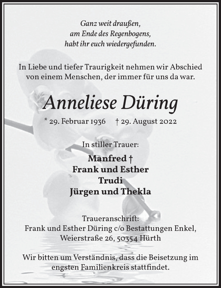  Traueranzeige für Anneliese Düring vom 09.09.2022 aus  Wochenende 