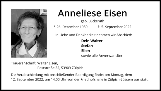 Anzeige von Anneliese Eisen von Kölner Stadt-Anzeiger / Kölnische Rundschau / Express