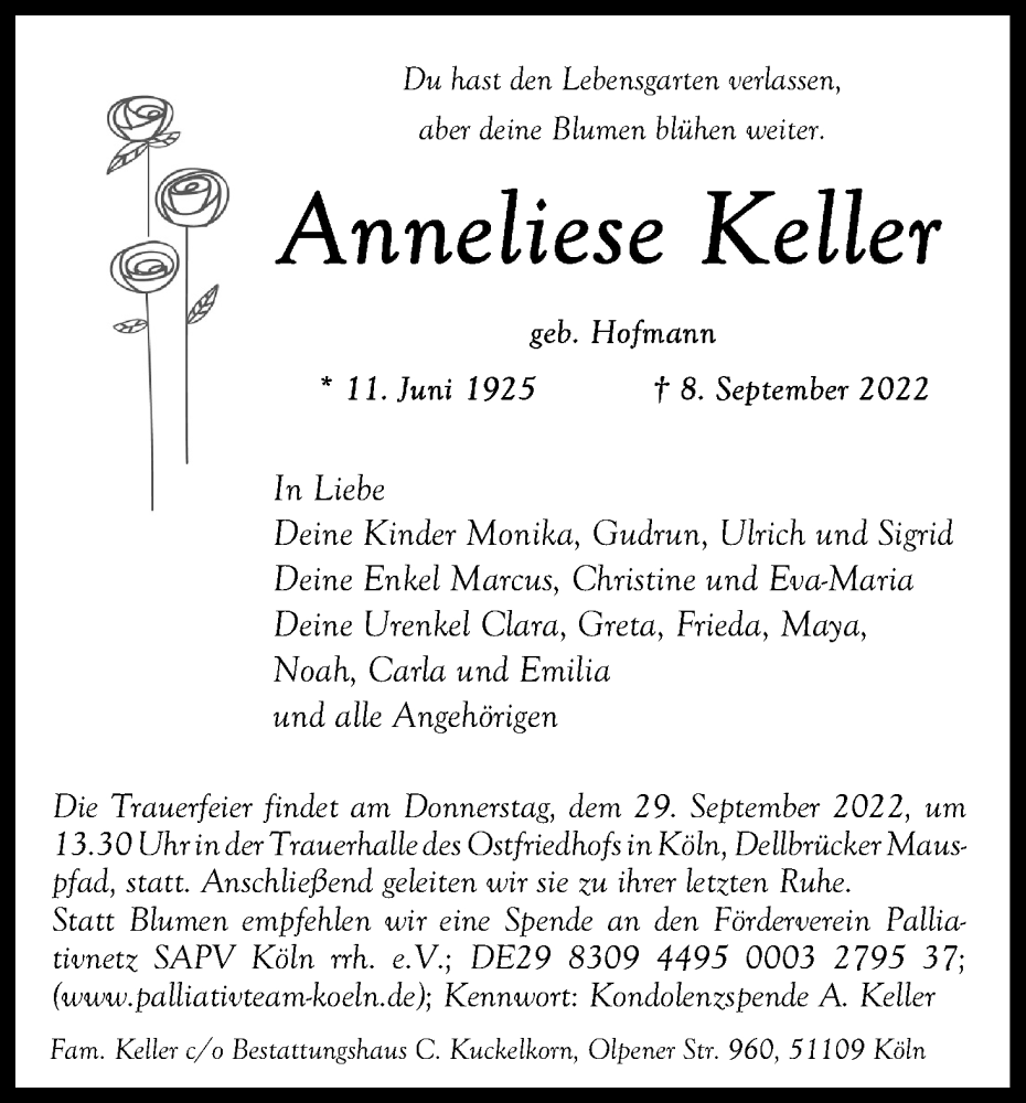  Traueranzeige für Anneliese Keller vom 24.09.2022 aus Kölner Stadt-Anzeiger / Kölnische Rundschau / Express