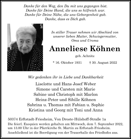 Anzeige von Anneliese Köhnen von Kölner Stadt-Anzeiger / Kölnische Rundschau / Express