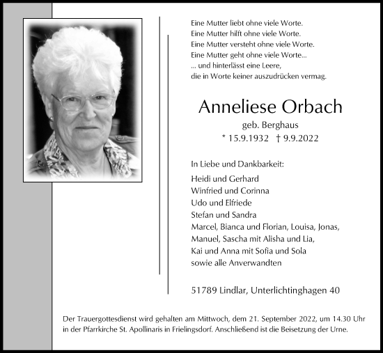 Anzeige von Anneliese Orbach von Kölner Stadt-Anzeiger / Kölnische Rundschau / Express