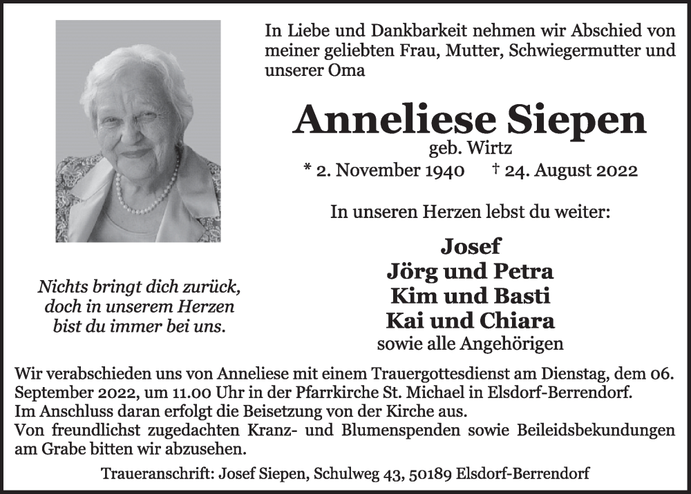  Traueranzeige für Anneliese Siepen vom 02.09.2022 aus  Werbepost 