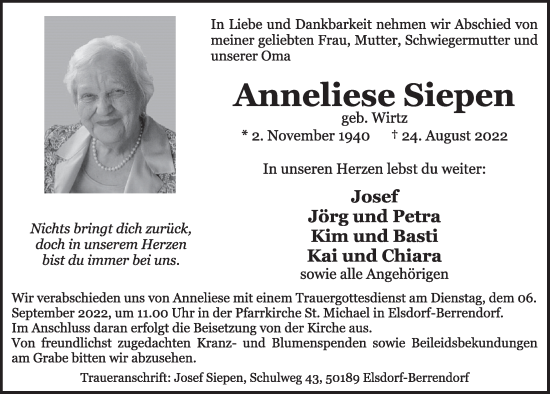 Anzeige von Anneliese Siepen von  Werbepost 