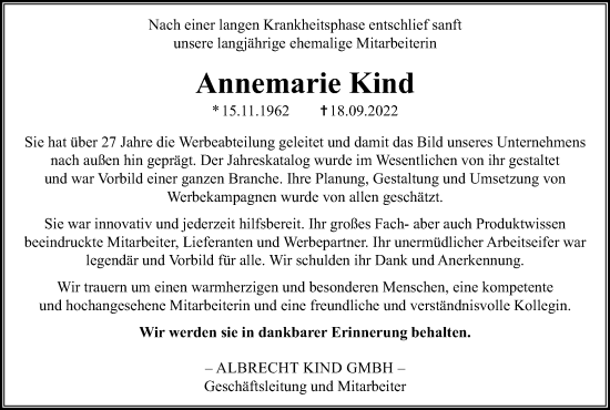 Anzeige von Annemarie Kind von Kölner Stadt-Anzeiger / Kölnische Rundschau / Express