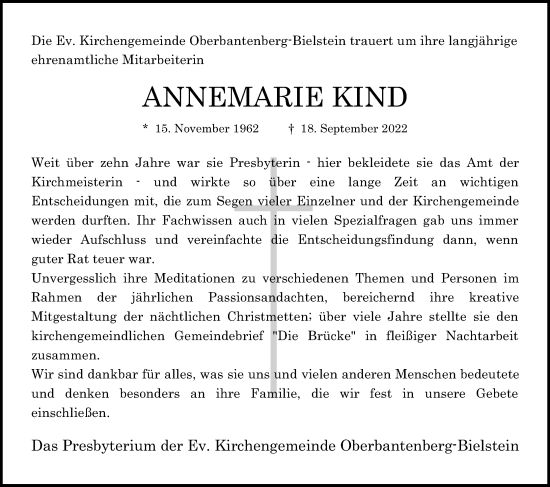 Anzeige von Annemarie Kind von Kölner Stadt-Anzeiger / Kölnische Rundschau / Express