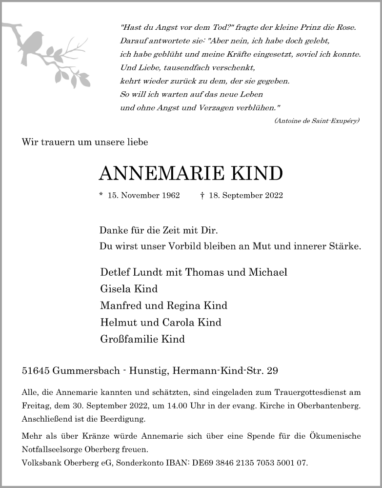  Traueranzeige für Annemarie Kind vom 23.09.2022 aus Kölner Stadt-Anzeiger / Kölnische Rundschau / Express