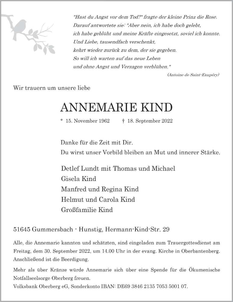  Traueranzeige für Annemarie Kind vom 23.09.2022 aus  Anzeigen Echo 