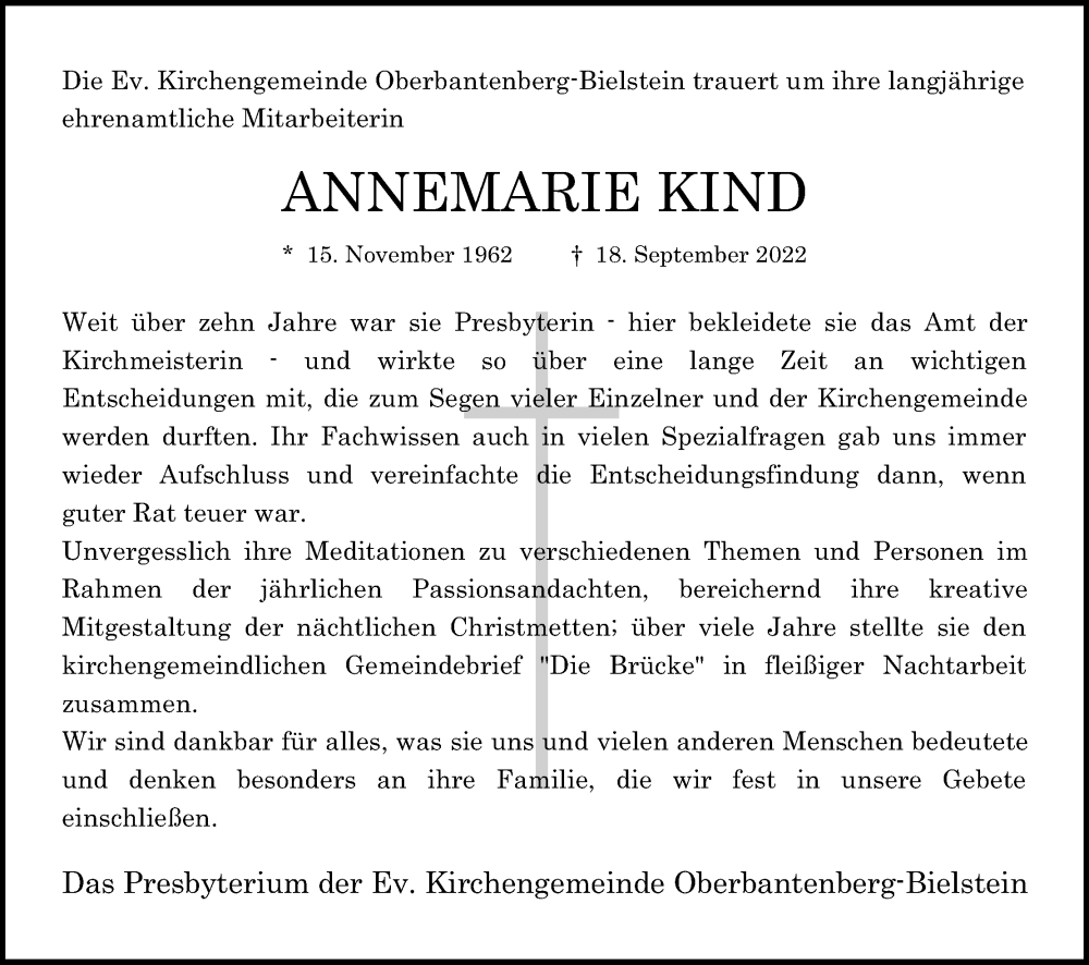  Traueranzeige für Annemarie Kind vom 23.09.2022 aus Kölner Stadt-Anzeiger / Kölnische Rundschau / Express