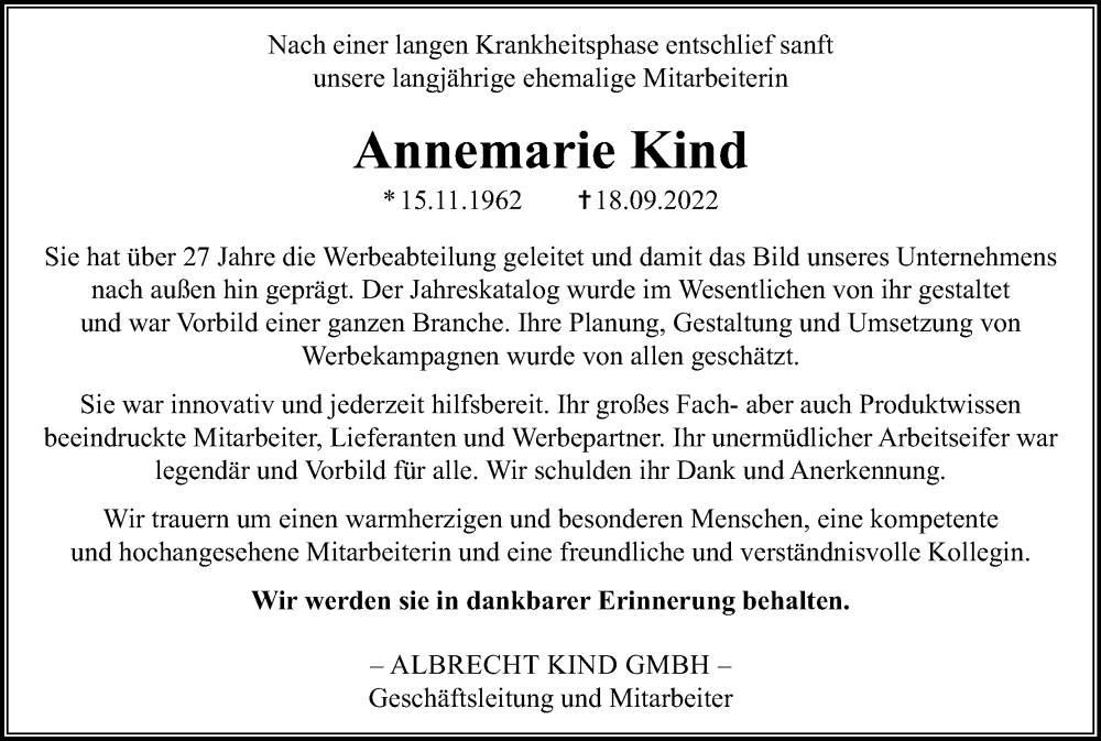  Traueranzeige für Annemarie Kind vom 23.09.2022 aus Kölner Stadt-Anzeiger / Kölnische Rundschau / Express