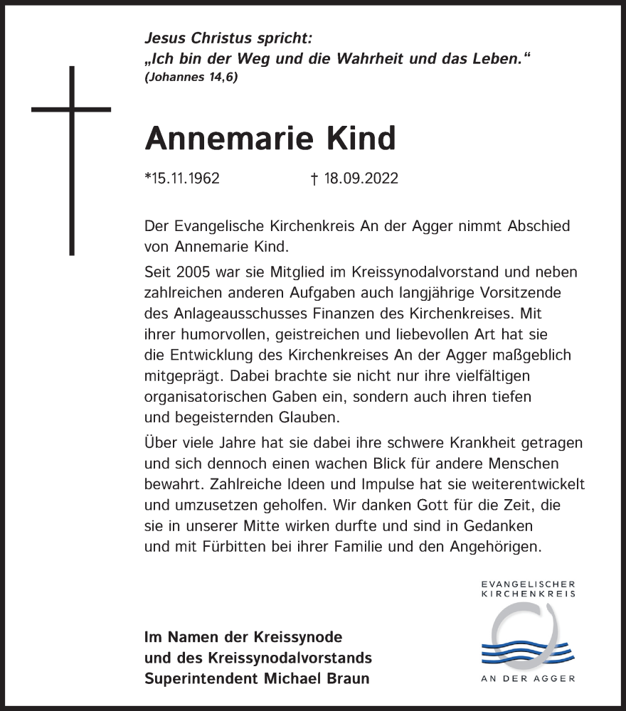  Traueranzeige für Annemarie Kind vom 23.09.2022 aus Kölner Stadt-Anzeiger / Kölnische Rundschau / Express