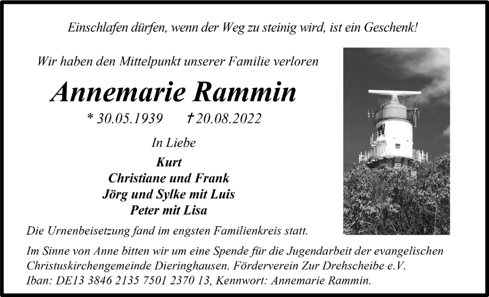  Traueranzeige für Annemarie Rammin vom 02.09.2022 aus  Anzeigen Echo 