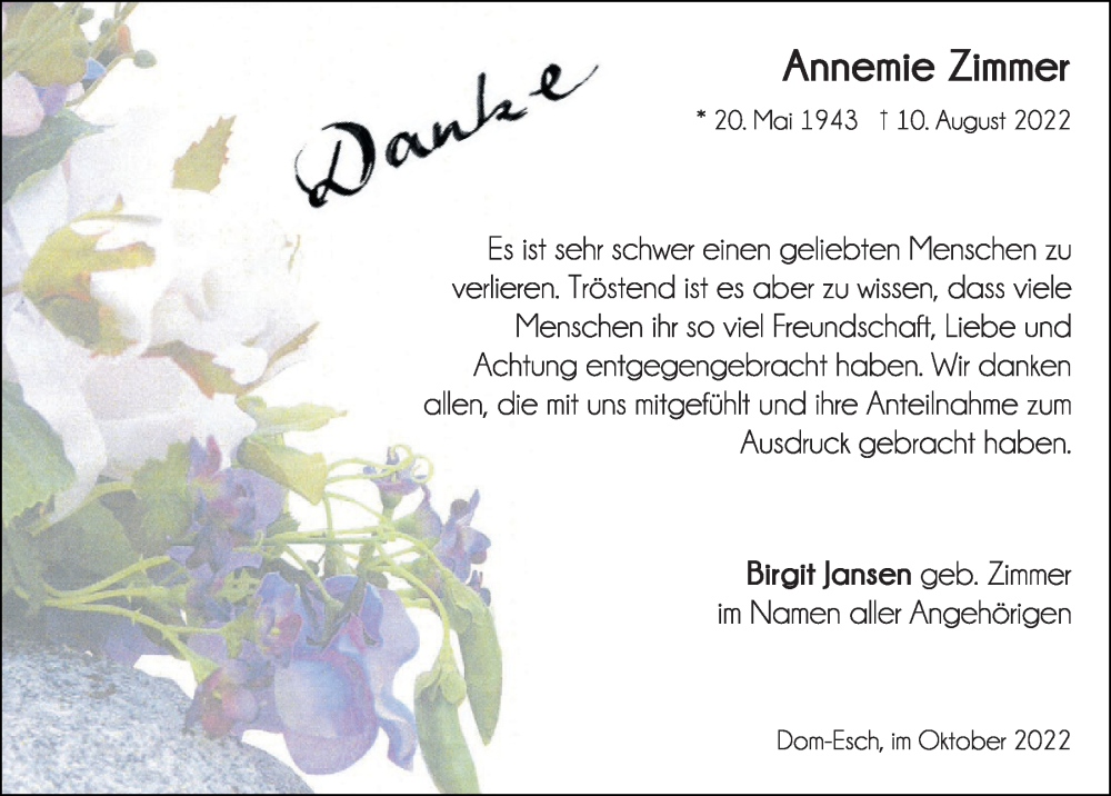  Traueranzeige für Annemie Zimmer vom 01.10.2022 aus  Blickpunkt Euskirchen 