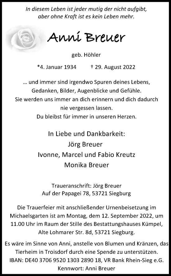 Anzeige von Anni Breuer von Kölner Stadt-Anzeiger / Kölnische Rundschau / Express