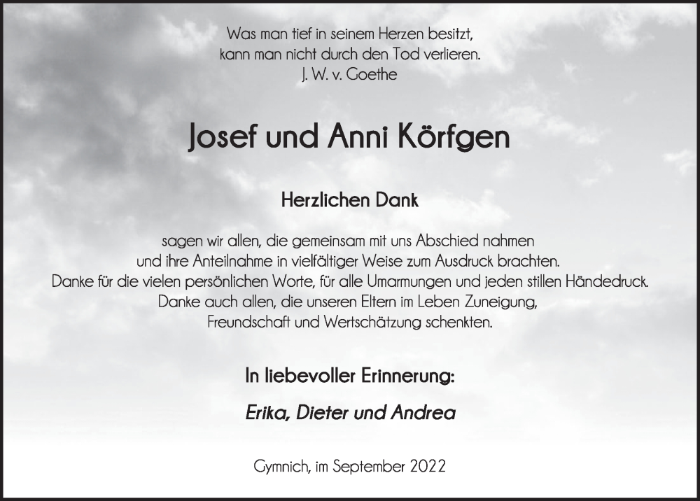  Traueranzeige für Anni Körfgen vom 09.09.2022 aus  Werbepost 