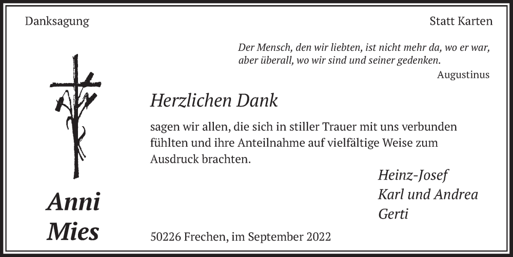  Traueranzeige für Anni Mies vom 09.09.2022 aus  Wochenende 