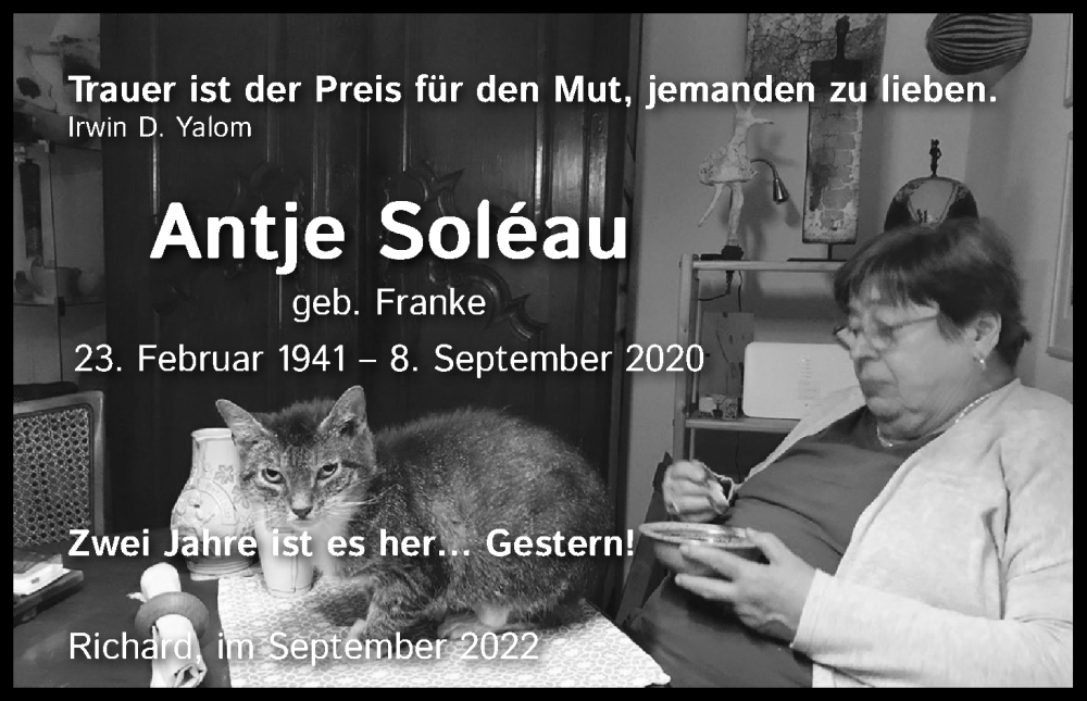  Traueranzeige für Antje Soleau vom 08.09.2022 aus Kölner Stadt-Anzeiger / Kölnische Rundschau / Express