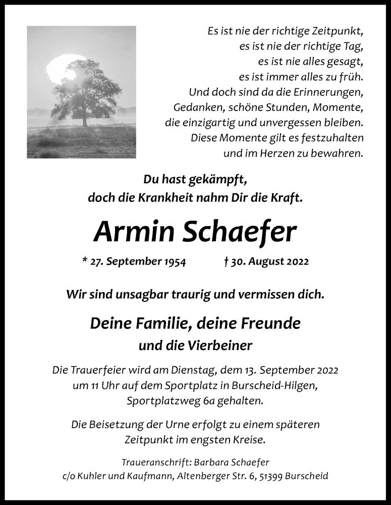  Traueranzeige für Armin Schaefer vom 08.09.2022 aus Kölner Stadt-Anzeiger / Kölnische Rundschau / Express