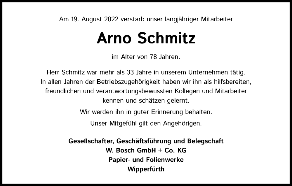  Traueranzeige für Arno Schmitz vom 03.09.2022 aus Kölner Stadt-Anzeiger / Kölnische Rundschau / Express