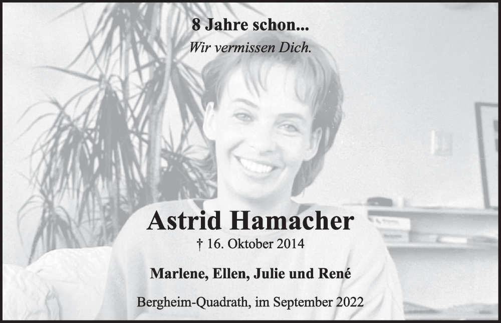  Traueranzeige für Astrid Hamacher vom 23.09.2022 aus  Werbepost 