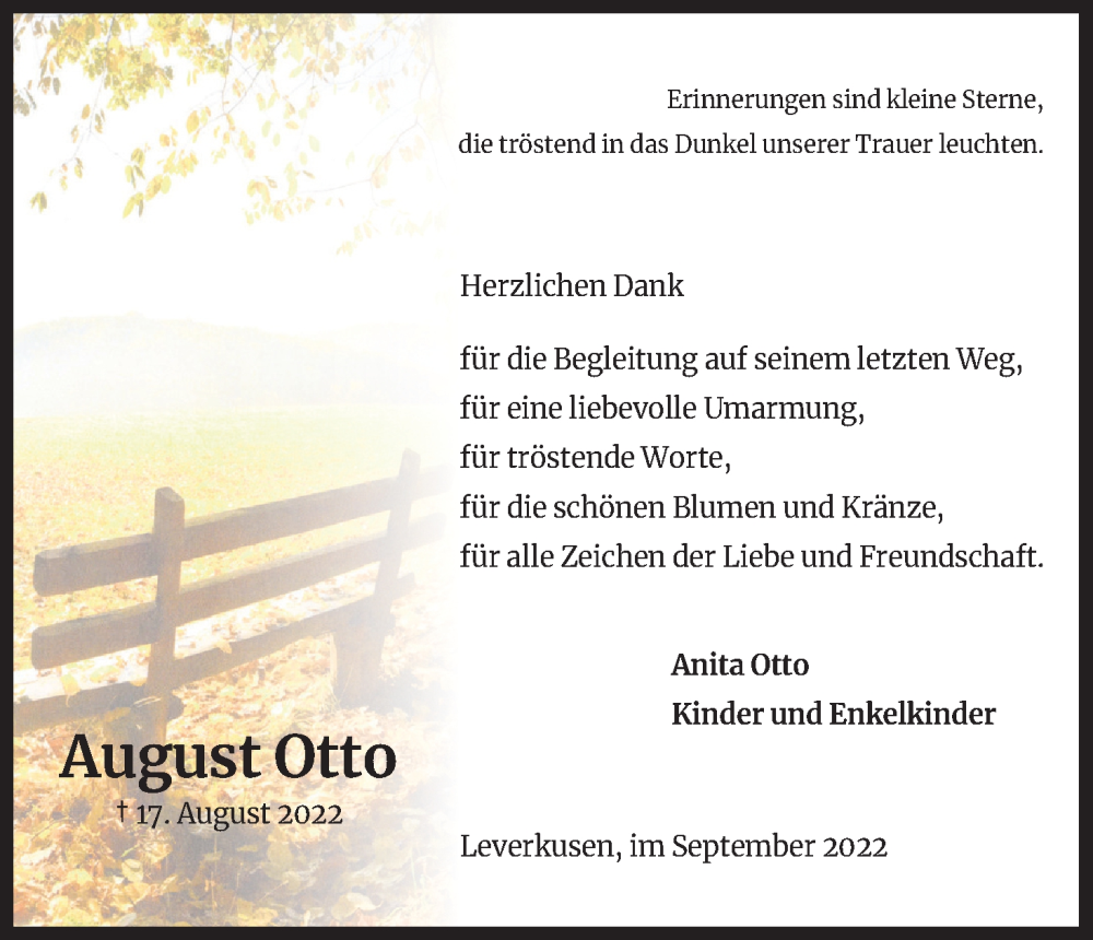  Traueranzeige für August Otto vom 10.09.2022 aus Kölner Stadt-Anzeiger / Kölnische Rundschau / Express