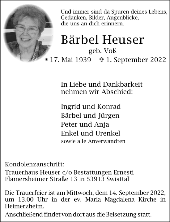 Anzeige von Bärbel Heuser von  Schaufenster/Blickpunkt 