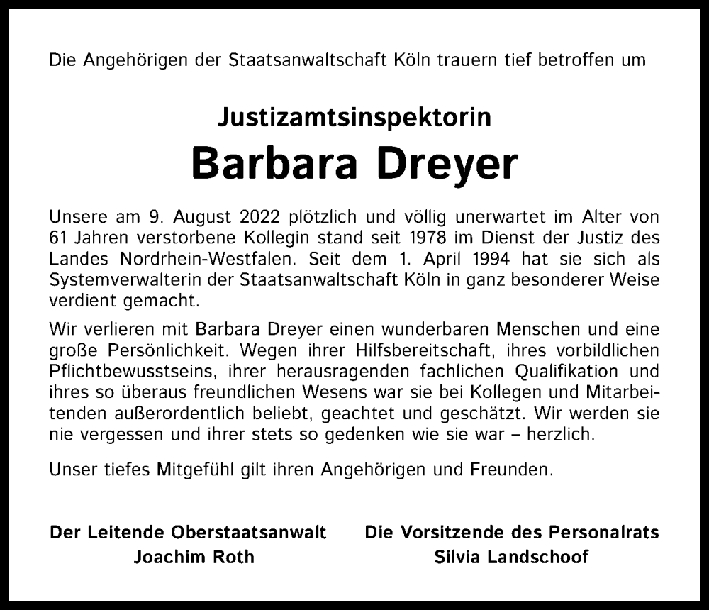  Traueranzeige für Barbara Dreyer vom 03.09.2022 aus Kölner Stadt-Anzeiger / Kölnische Rundschau / Express