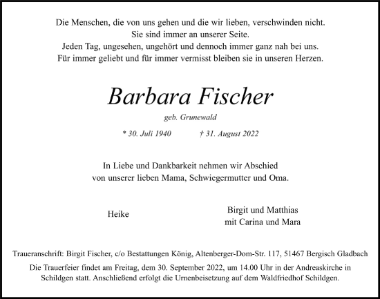 Anzeige von Barbara Fischer von  Bergisches Handelsblatt 