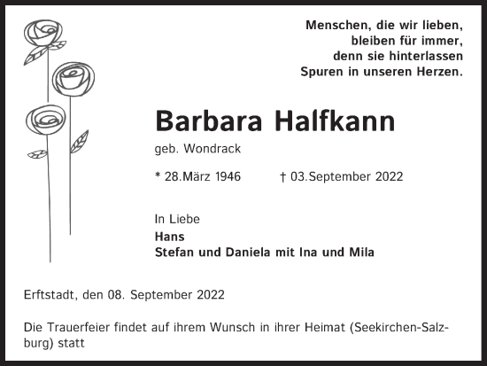 Anzeige von Barbara Halfkann von Kölner Stadt-Anzeiger / Kölnische Rundschau / Express