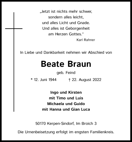 Anzeige von Beate Braun von Kölner Stadt-Anzeiger / Kölnische Rundschau / Express