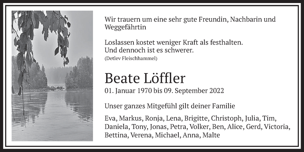  Traueranzeige für Beate Löffler vom 23.09.2022 aus  Werbepost 