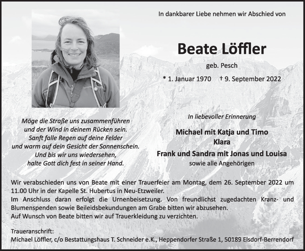  Traueranzeige für Beate Löffler vom 23.09.2022 aus  Werbepost 