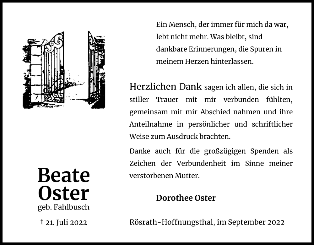  Traueranzeige für Beate Oster vom 17.09.2022 aus Kölner Stadt-Anzeiger / Kölnische Rundschau / Express