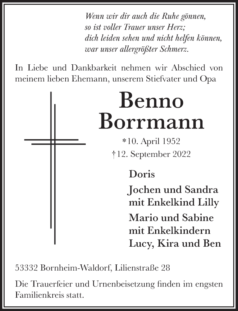 Traueranzeige für Benno Borrmann vom 23.09.2022 aus  Schaufenster/Blickpunkt 