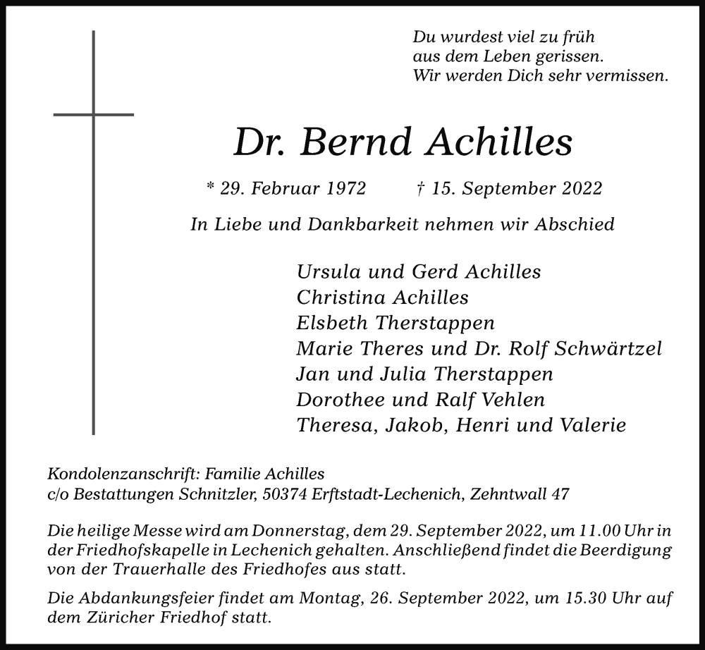  Traueranzeige für Bernd Achilles vom 24.09.2022 aus Kölner Stadt-Anzeiger / Kölnische Rundschau / Express