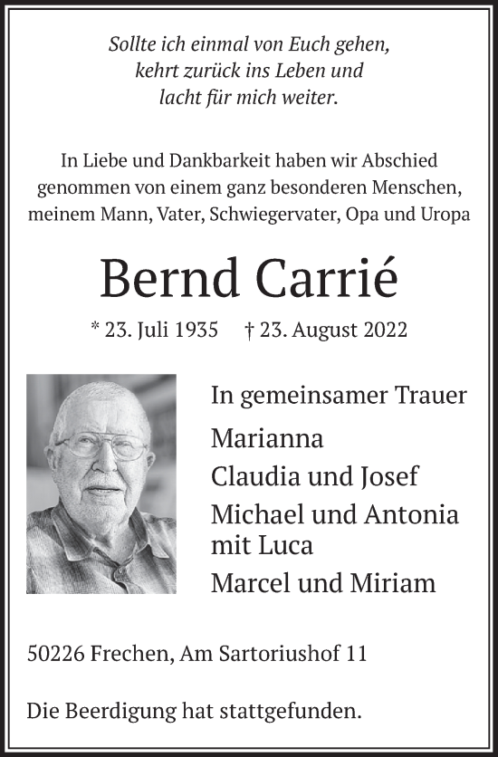 Anzeige von Bernd Carrie von  Wochenende 
