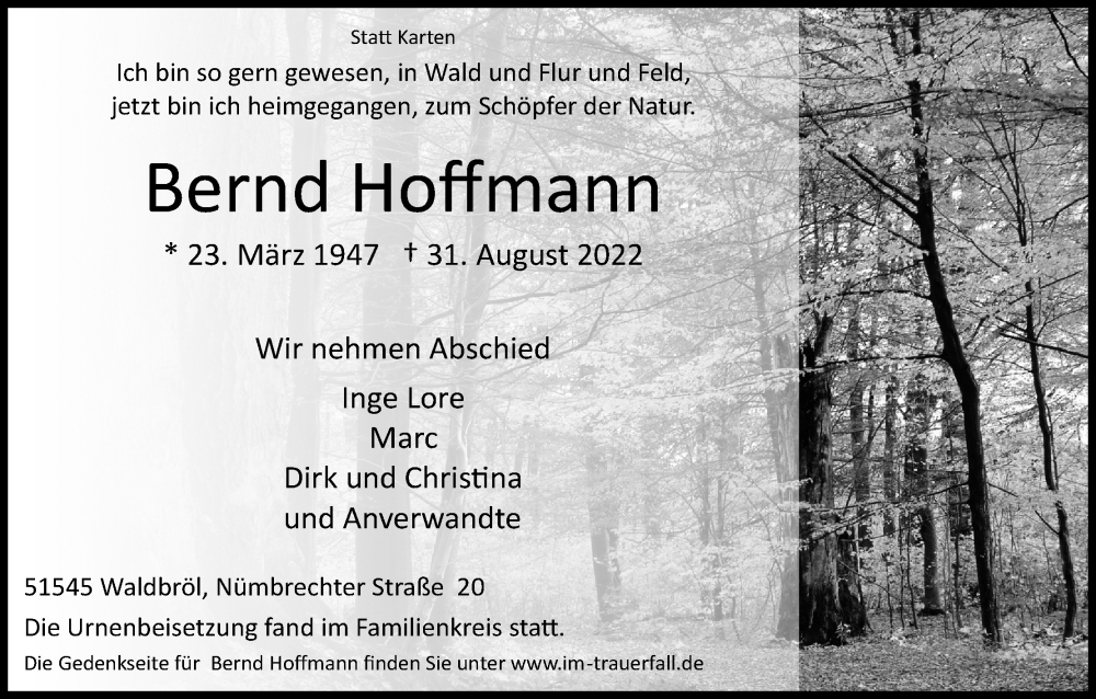  Traueranzeige für Bernd Hoffmann vom 17.09.2022 aus Kölner Stadt-Anzeiger / Kölnische Rundschau / Express