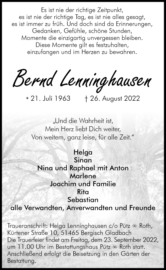 Anzeige von Bernd Lenninghausen von  Bergisches Handelsblatt 
