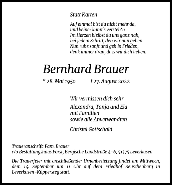 Anzeige von Bernhard Brauer von Kölner Stadt-Anzeiger / Kölnische Rundschau / Express