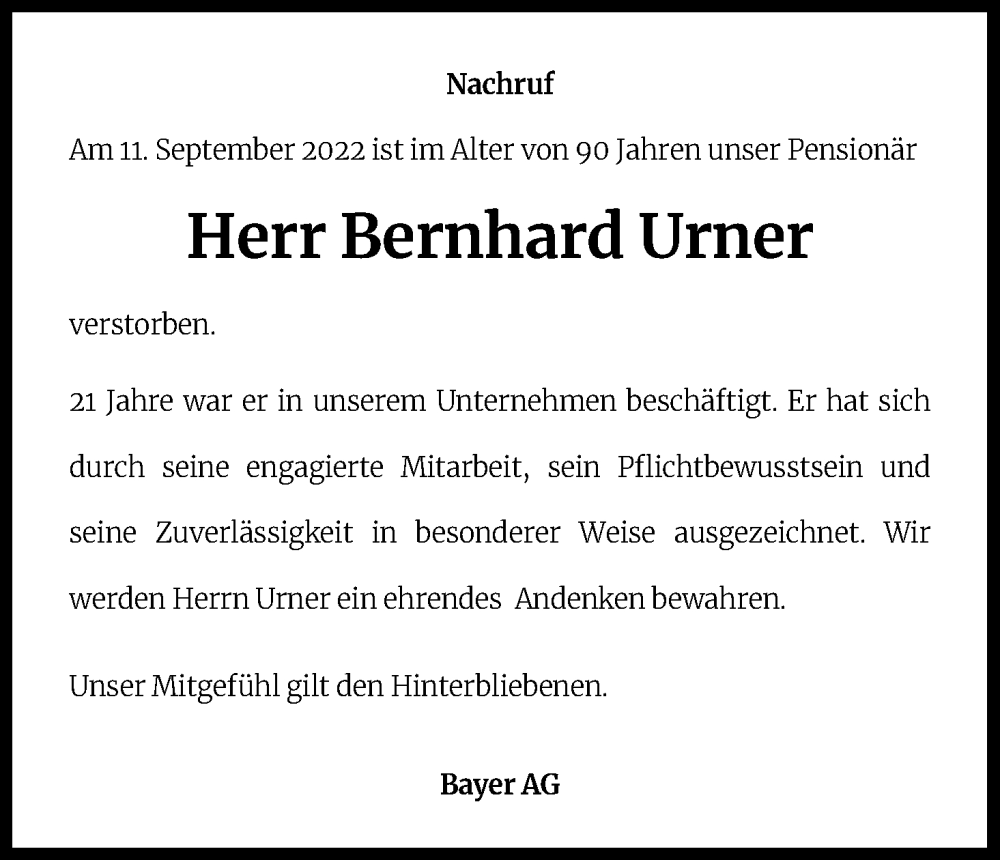  Traueranzeige für Bernhard Urner vom 20.09.2022 aus Kölner Stadt-Anzeiger / Kölnische Rundschau / Express