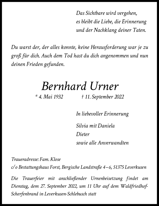 Anzeige von Bernhard Urner von Kölner Stadt-Anzeiger / Kölnische Rundschau / Express