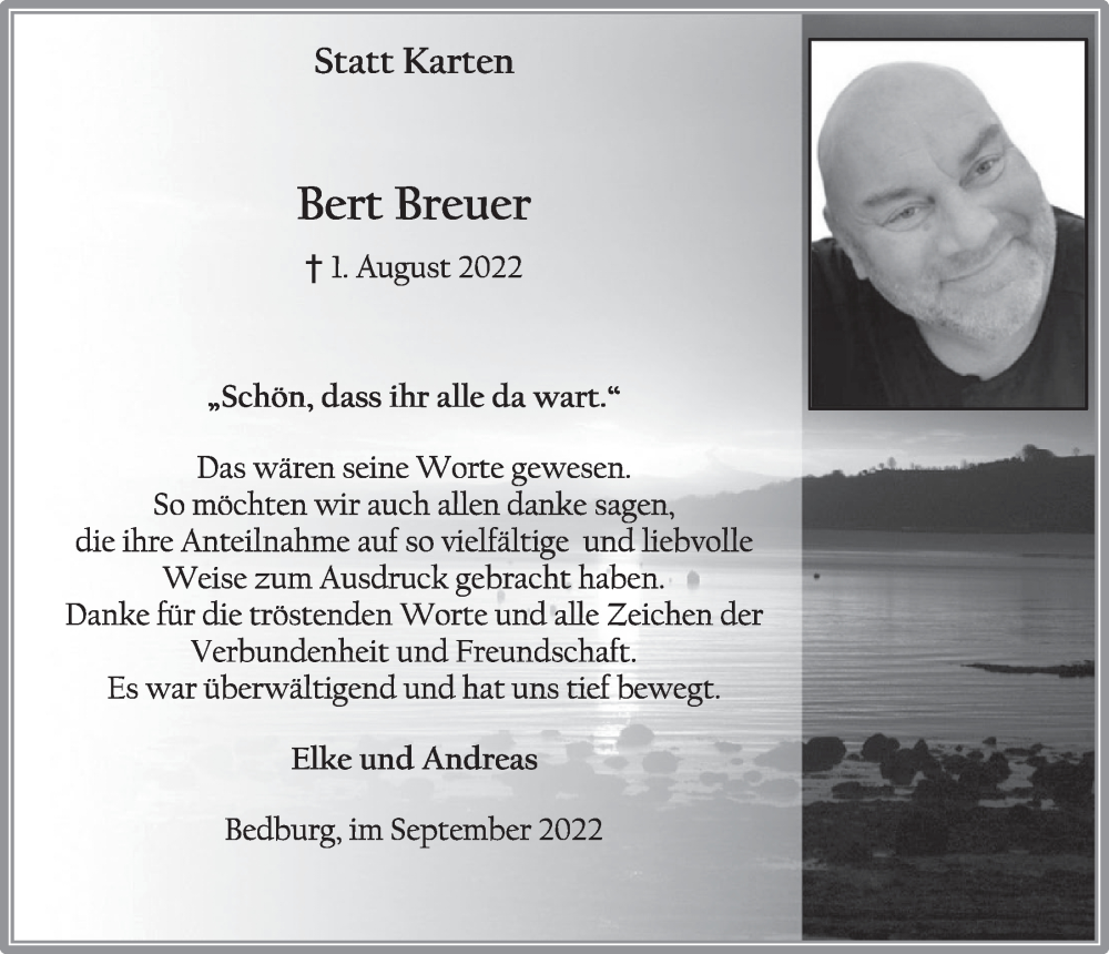  Traueranzeige für Bert Breuer vom 16.09.2022 aus  Werbepost 
