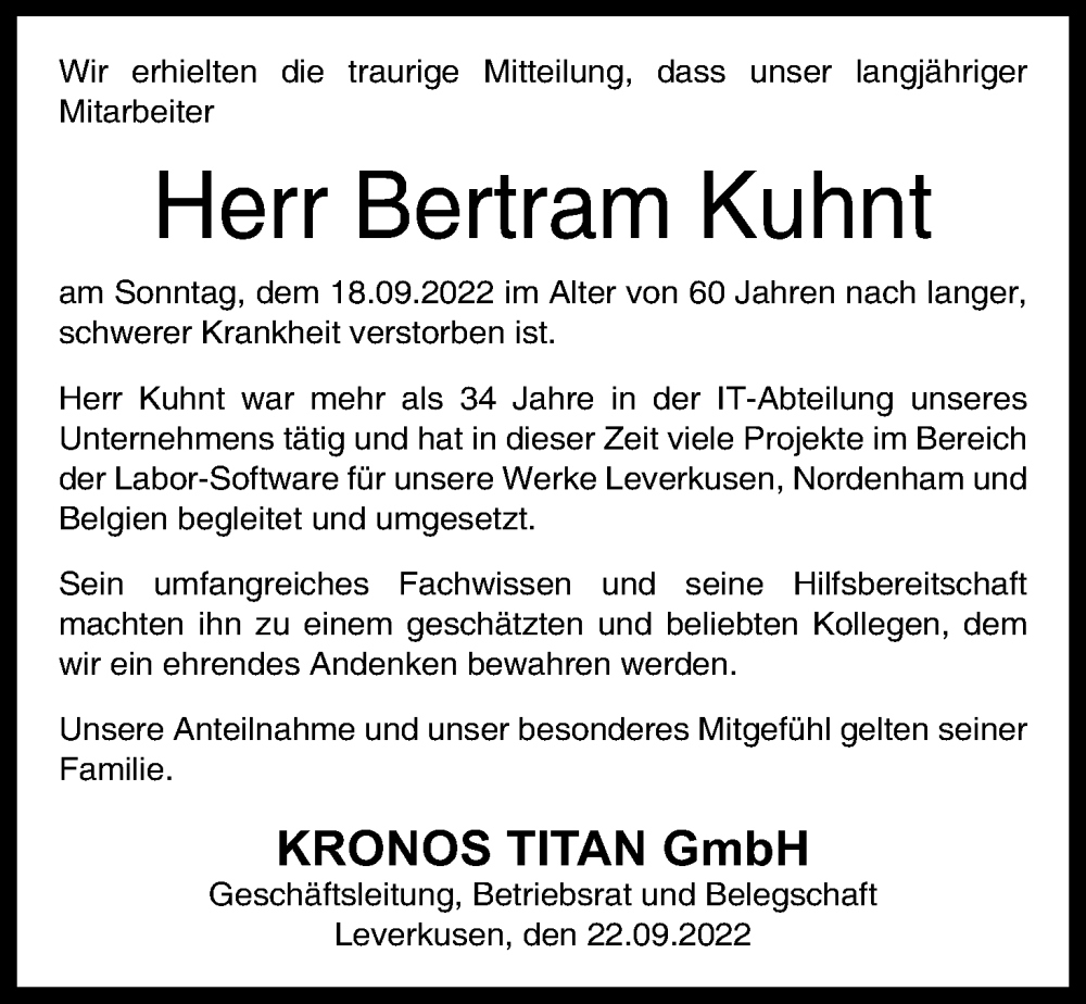  Traueranzeige für Bertram Kuhnt vom 30.09.2022 aus Kölner Stadt-Anzeiger / Kölnische Rundschau / Express