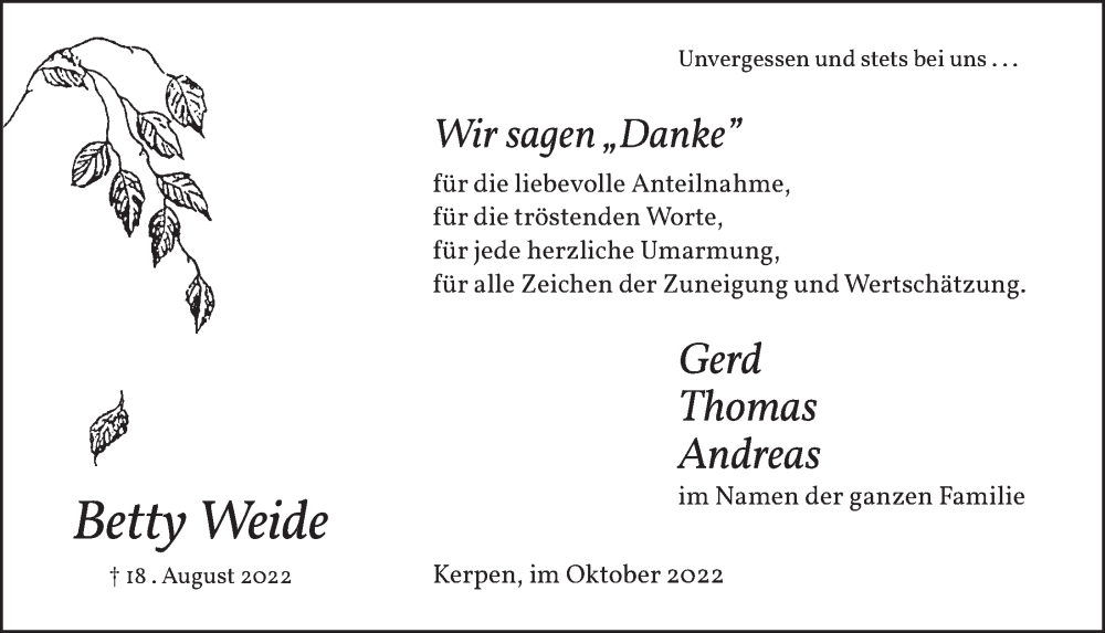  Traueranzeige für Betty Weide vom 30.09.2022 aus  Werbepost 