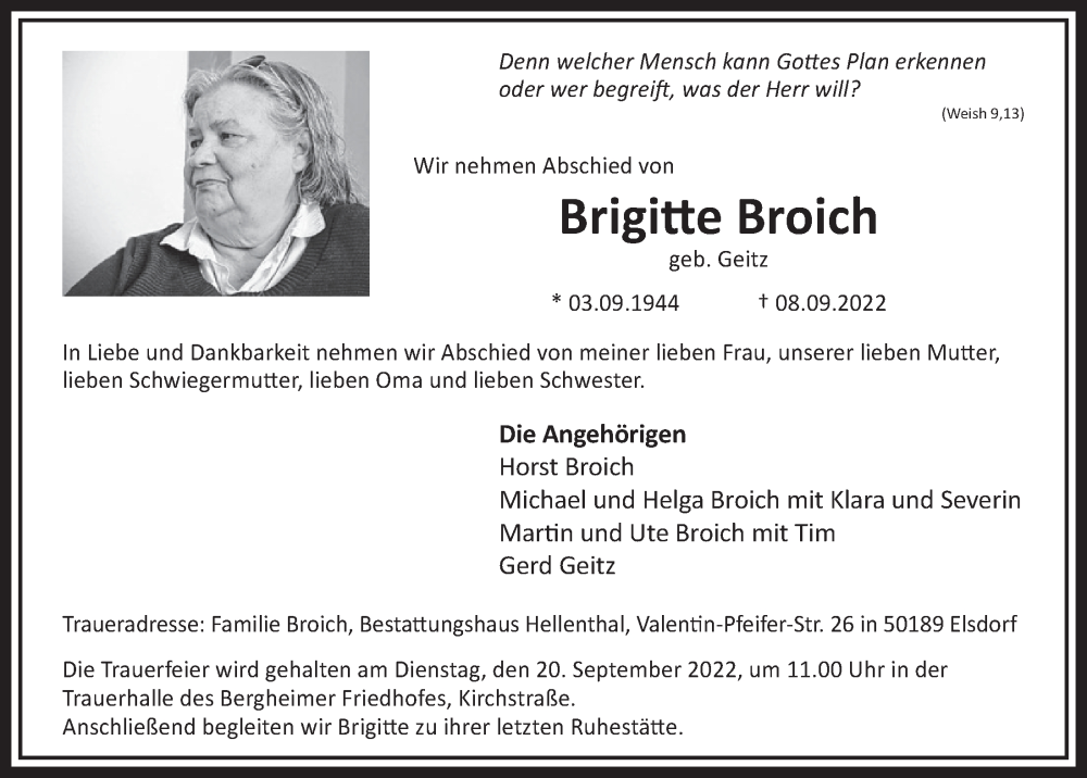  Traueranzeige für Brigitte Broich vom 16.09.2022 aus  Werbepost 