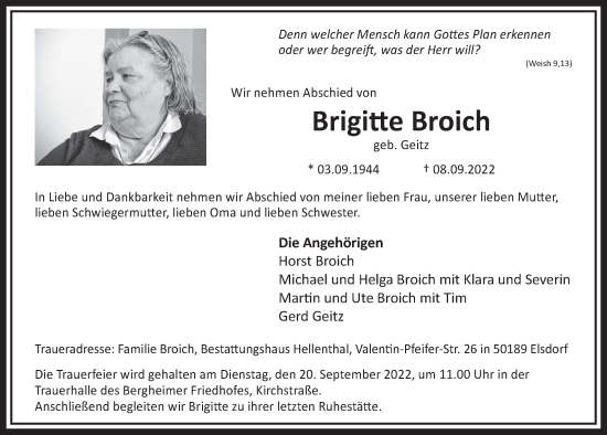 Anzeige von Brigitte Broich von  Werbepost 