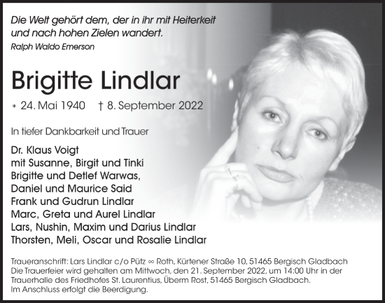 Anzeige von Brigitte Lindlar von  Bergisches Handelsblatt 