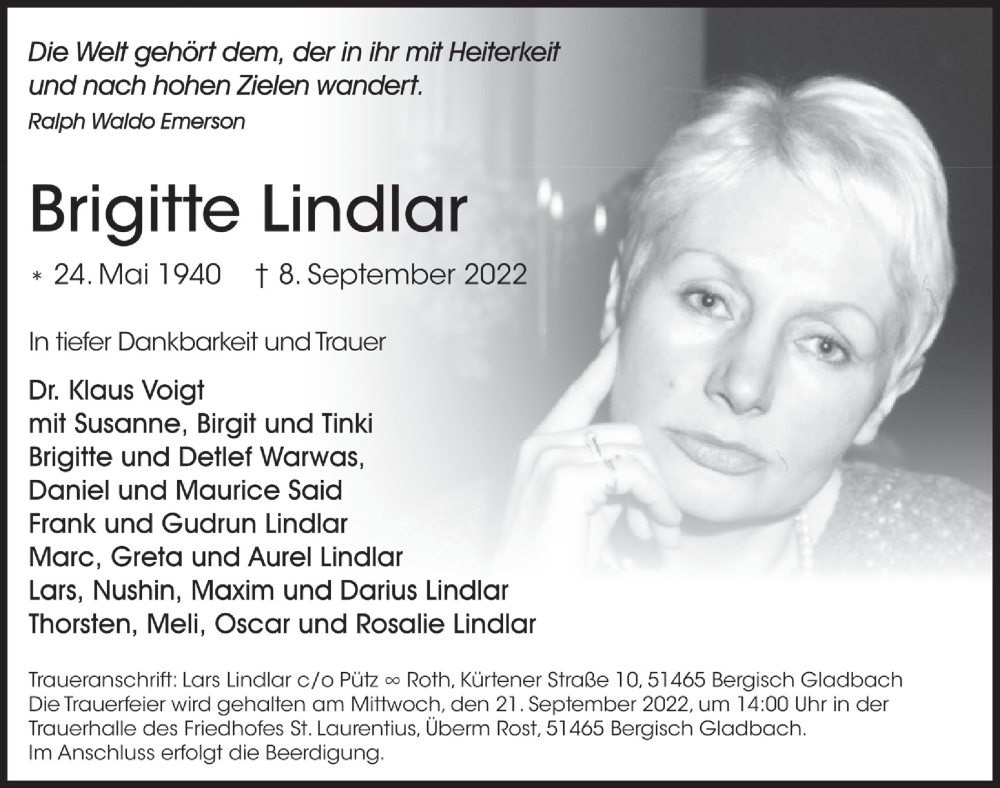  Traueranzeige für Brigitte Lindlar vom 16.09.2022 aus  Bergisches Handelsblatt 